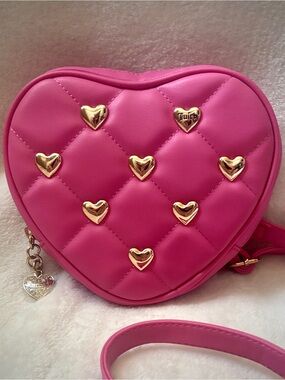 Juicy Couture Pink Heart Crossbody Bag Gold Heart Stud Quilted Mini Purse